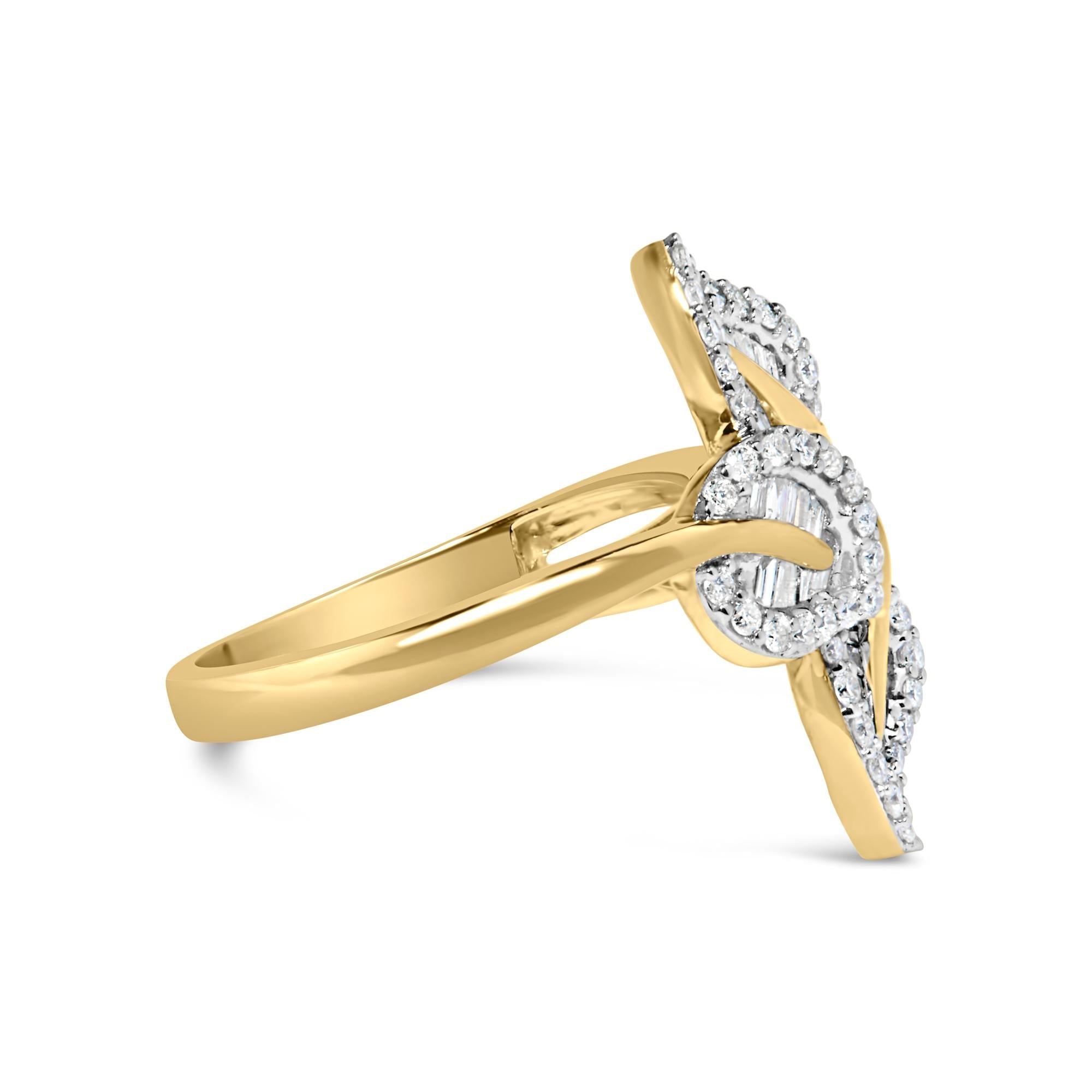 10k Yellow and White Gold 1/2 Cttw Baguette and Round Diamond Bypass Triple Leaf Ring (I-J Color, I1-I2 Clarity)