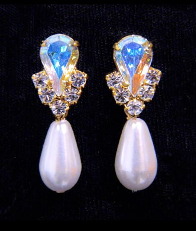 #5538ABG - Rhinestone Pear V Pearl Drop Earrings - AB Gold Plated