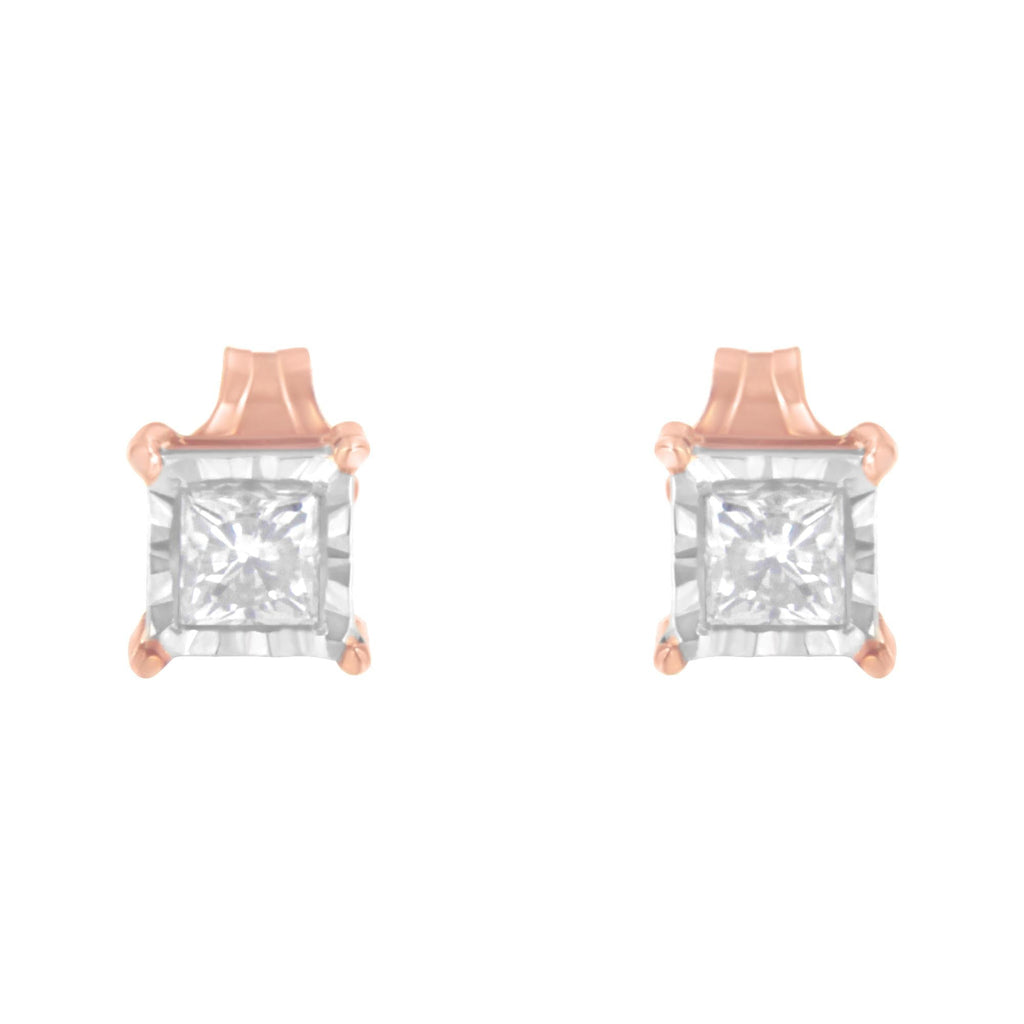 14K Rose Gold Plated Two-Tone .925 Sterling Silver 1/2 Cttw Princess-Cut Square Near Colorless Diamond Solitaire Miracle-Plate Stud Earrings (J-K Color, I2-I3 Clarity)