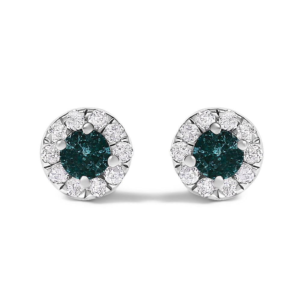 .925 Sterling Silver 1/3 Cttw White and Blue Diamond Halo Stud Earring