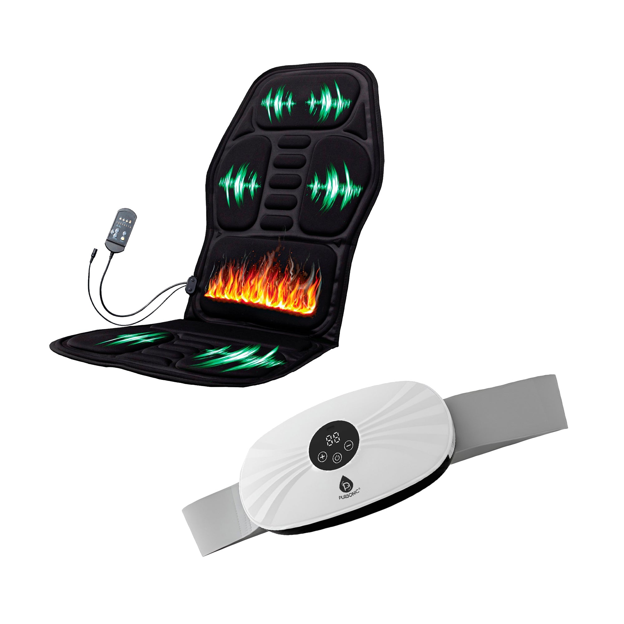 Rechargeable Stomach & Back Massager + Shiatsu Massager Chair Mat with Heat