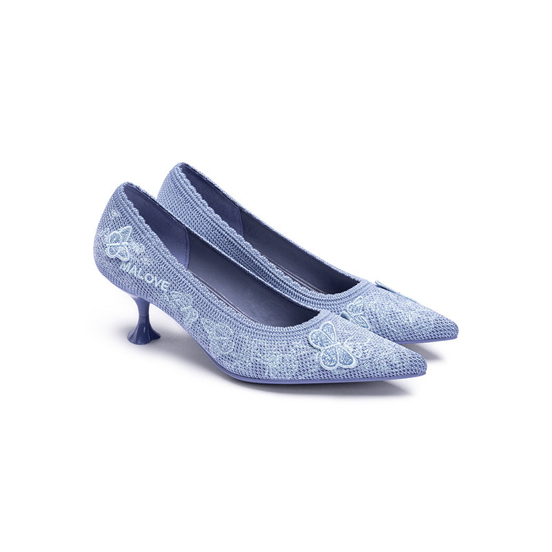 Floral Butterfly Pointed Toe Kitten Heels – 3D Knit Cultural Pumps