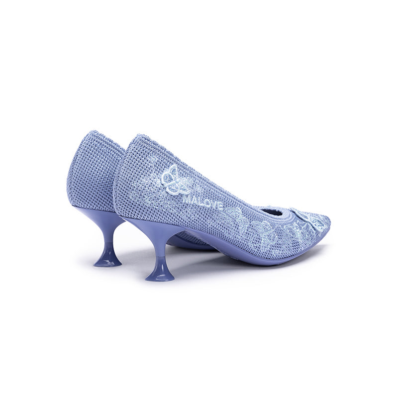 Floral Butterfly Pointed Toe Kitten Heels – 3D Knit Cultural Pumps