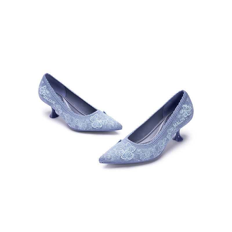 Floral Butterfly Pointed Toe Kitten Heels – 3D Knit Cultural Pumps