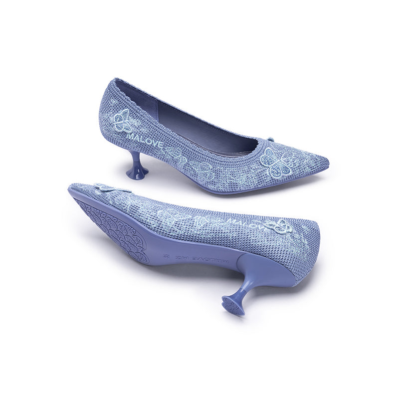 Floral Butterfly Pointed Toe Kitten Heels – 3D Knit Cultural Pumps