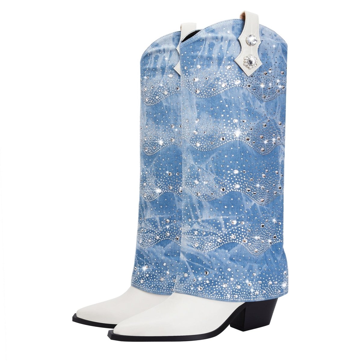 White and Denim Foldover Knee High Boots