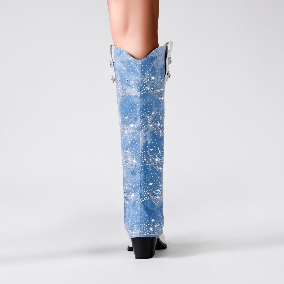 White and Denim Foldover Knee High Boots